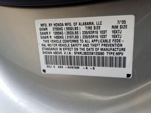 5FNRL38225B125080 - 2005 HONDA ODYSSEY LX SILVER photo 10