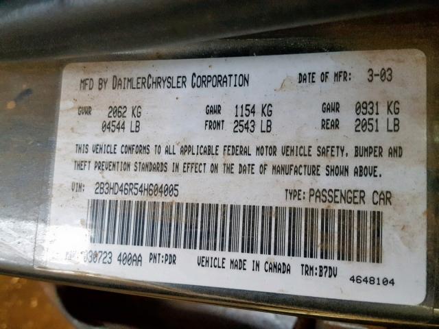 2B3HD46R54H604005 - 2004 DODGE INTREPID S 石墨色 照片 10