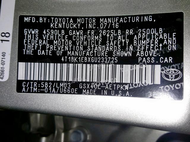 4T1BK1EBXGU233725 - 2016 TOYOTA AVALON XLE TAN photo 10