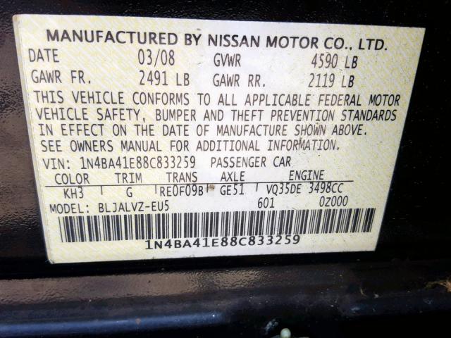 1N4BA41E88C833259 - 2008 NISSAN MAXIMA SE BLACK photo 10