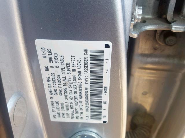 1HGCP26898A075479 - 2008 HONDA ACCORD EXL SILVER photo 10