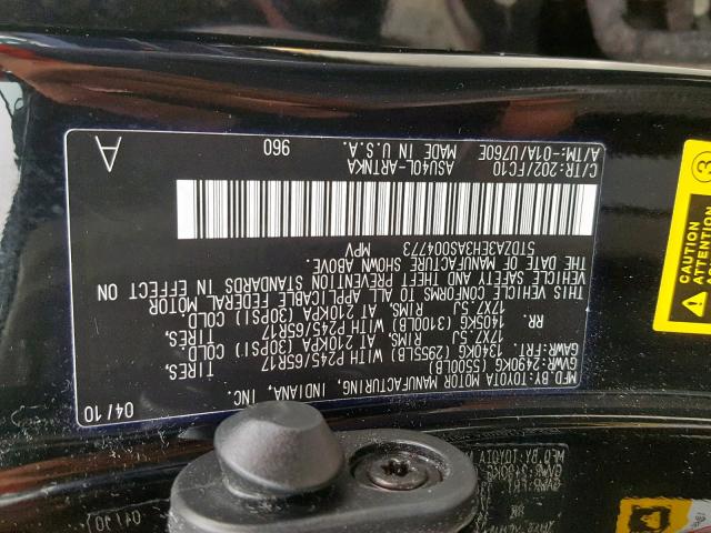 5TDZA3EH3AS004773 - 2010 TOYOTA HIGHLANDER BLACK photo 10