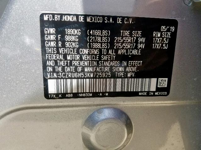 3CZRU6H53KM725925 - 2019 HONDA HR-V EX SILVER photo 10