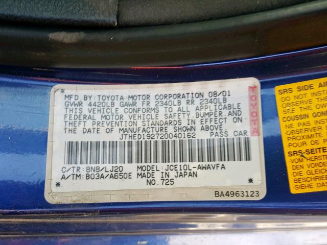 JTHED192720040162 - 2002 LEXUS IS 300 SPO BLUE photo 10