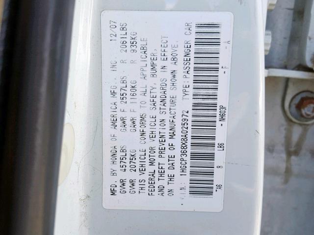 1HGCP368X8A025972 - 2008 HONDA ACCORD EXL WHITE photo 10