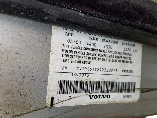 YV1RS61T242320275 - 2004 VOLVO S60 SILVER photo 10