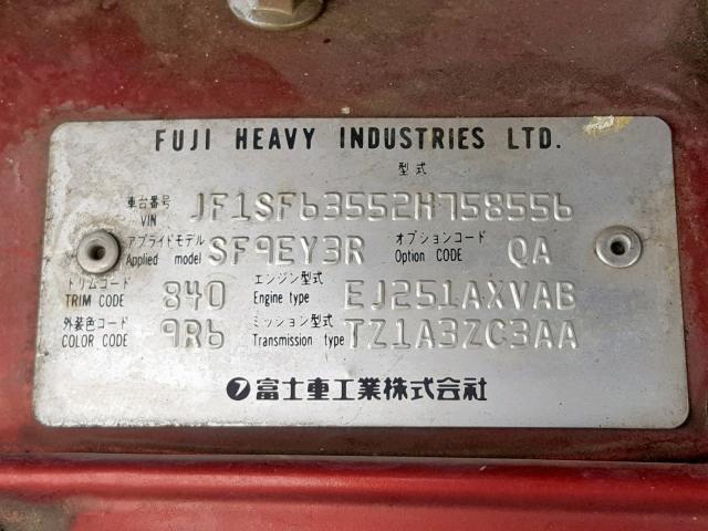 JF1SF63552H758556 - 2002 SUBARU FORESTER L RED photo 10