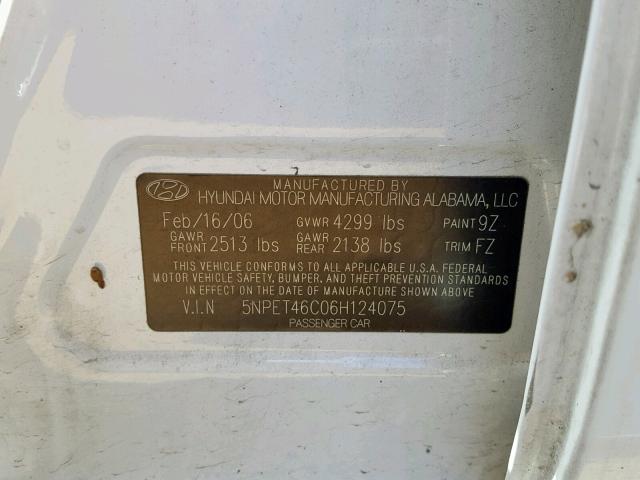 5NPET46C06H124075 - 2006 HYUNDAI SONATA GL WHITE photo 10