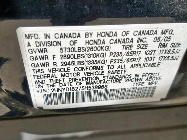 2HNYD18275H538968 - 2005 ACURA MDX BLACK photo 10