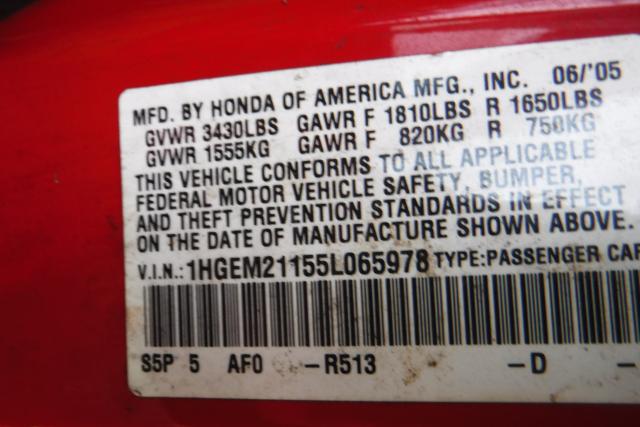 1HGEM21155L065978 - 2005 HONDA CIVIC DX V RED photo 10