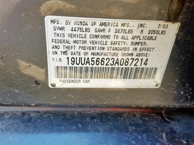 19UUA56623A087214 - 2003 ACURA 3.2TL GRAY photo 10