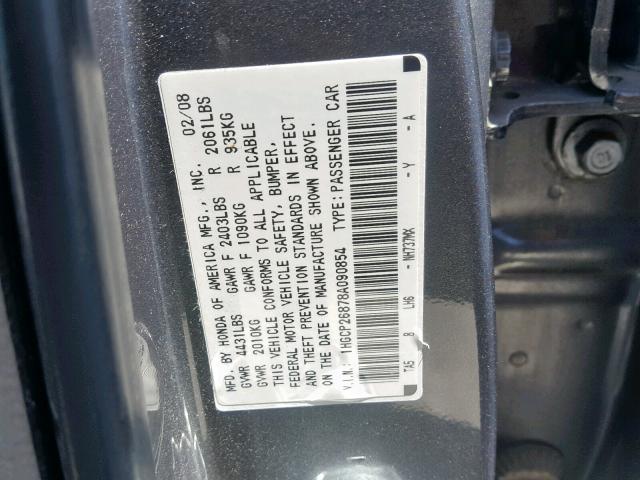 1HGCP26878A090854 - 2008 HONDA ACCORD EXL GRAY photo 10