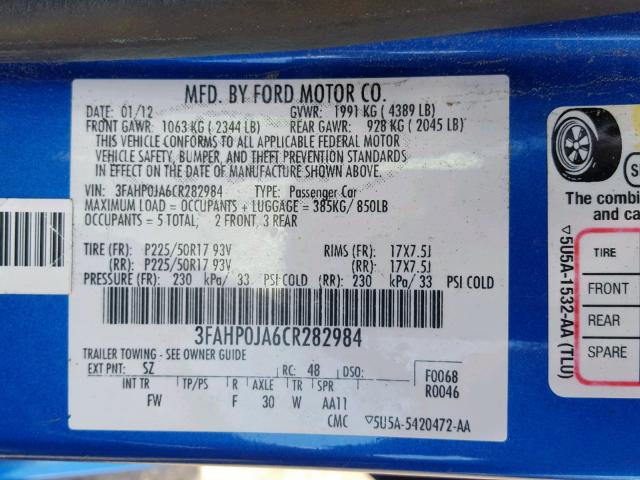 3FAHP0JA6CR282984 - 2012 FORD FUSION SEL BLUE photo 10