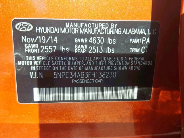 5NPE34AB3FH138230 - 2015 HYUNDAI SONATA SPO ORANGE photo 10