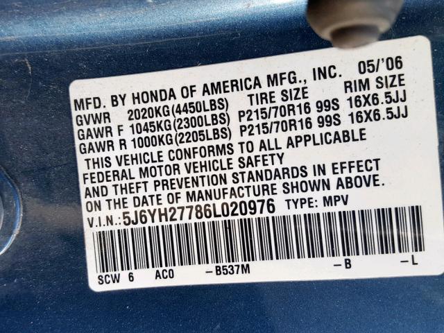 5J6YH27786L020976 - 2006 HONDA ELEMENT EX BLUE photo 10