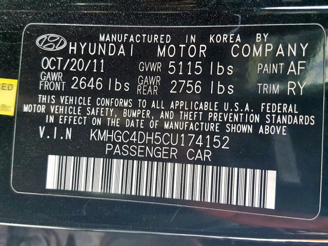 KMHGC4DH5CU174152 - 2012 HYUNDAI GENESIS 5. BLACK photo 10