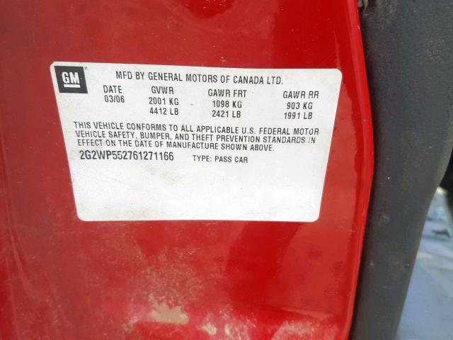 2G2WP552761271166 - 2006 PONTIAC GRAND PRIX RED photo 10