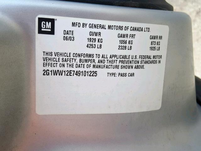 2G1WW12E749101225 - 2004 CHEVROLET MONTE CARL ვერცხლისფერი ფოტო 10