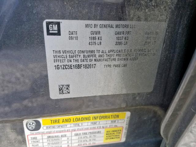 1G1ZC5E16BF182017 - 2011 CHEVROLET MALIBU 1LT GRAY photo 10