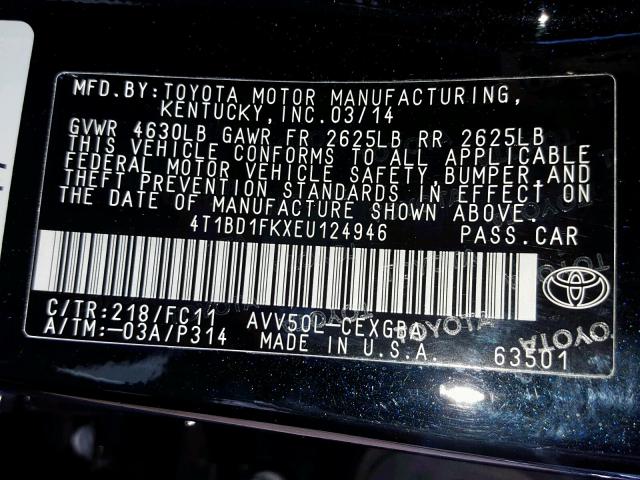 4T1BD1FKXEU124946 - 2014 TOYOTA CAMRY HYBR BLACK photo 10