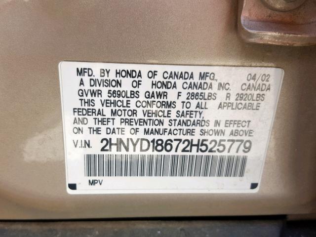 2HNYD18672H525779 - 2002 ACURA MDX TOURIN GOLD photo 10