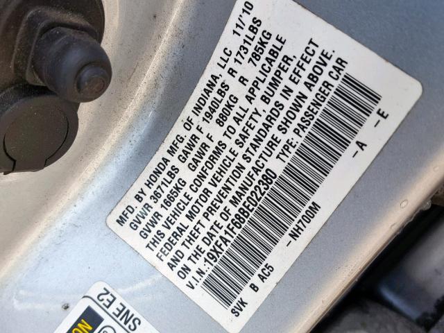 19XFA1F68BE022380 - 2011 HONDA CIVIC LX-S Gümüş foto 10