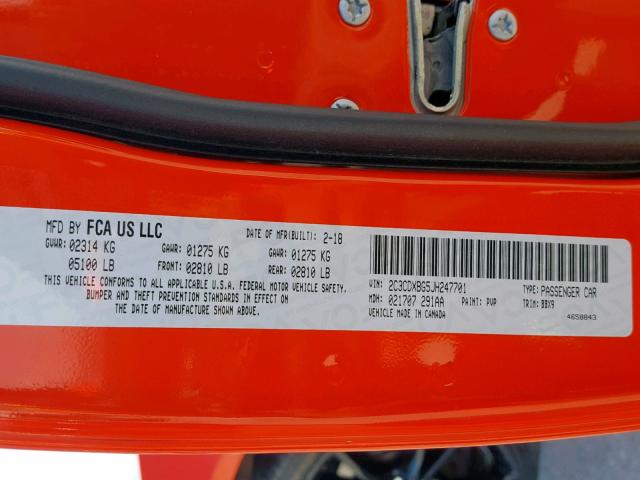 2C3CDXBG5JH247701 - 2018 DODGE CHARGER SX ORANGE photo 10