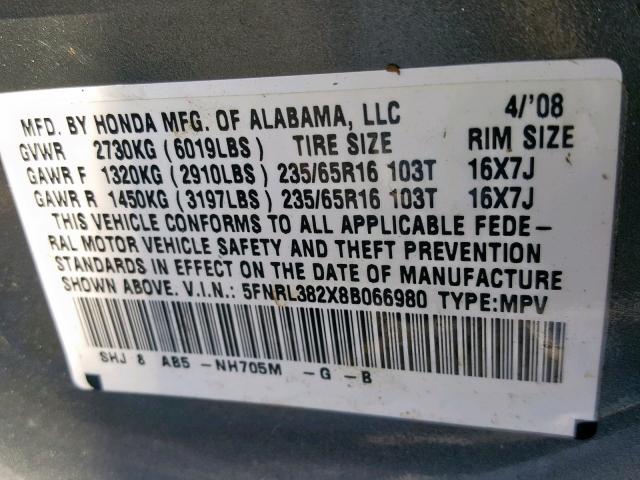 5FNRL382X8B066980 - 2008 HONDA ODYSSEY LX GRAY photo 10