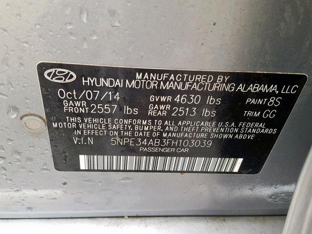 5NPE34AB3FH103039 - 2015 HYUNDAI SONATA SPO GRAY photo 10