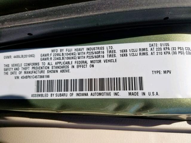 4S4BP61C457366196 - 2005 SUBARU LEGACY OUT GREEN photo 10