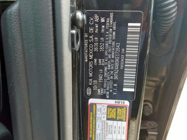 3KPA24AB0KE172643 - 2019 KIA RIO S BLACK photo 10