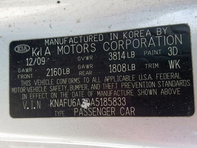 KNAFU6A20A5185833 - 2010 KIA FORTE EX SILVER photo 10