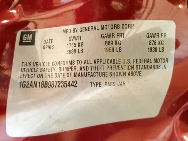 1G2AN18B987235442 - 2008 PONTIAC G5 GT BURGUNDY photo 10