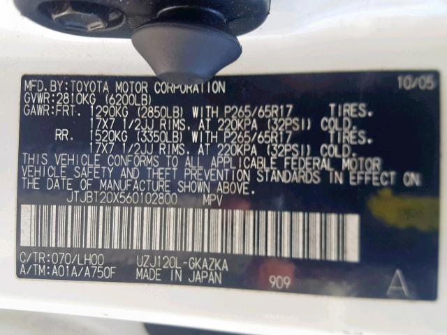 JTJBT20X560102800 - 2006 LEXUS GX 470 WHITE photo 10