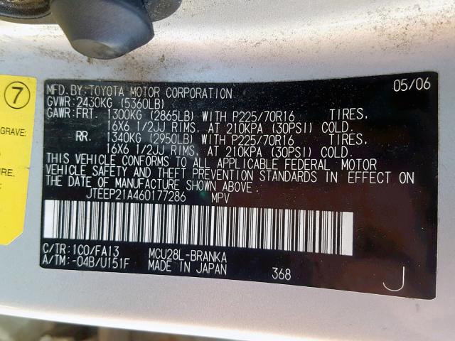 JTEEP21A460177286 - 2006 TOYOTA HIGHLANDER GRAY photo 10