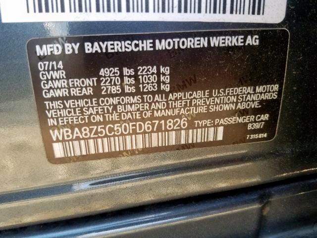 WBA8Z5C50FD671826 - 2015 BMW 328 XIGT GRAY photo 10