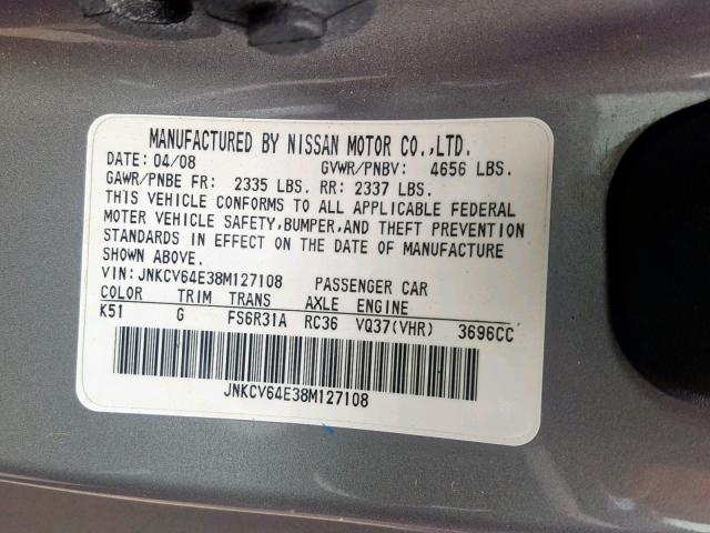 JNKCV64E38M127108 - 2008 INFINITI G37 BASE GRAY photo 10