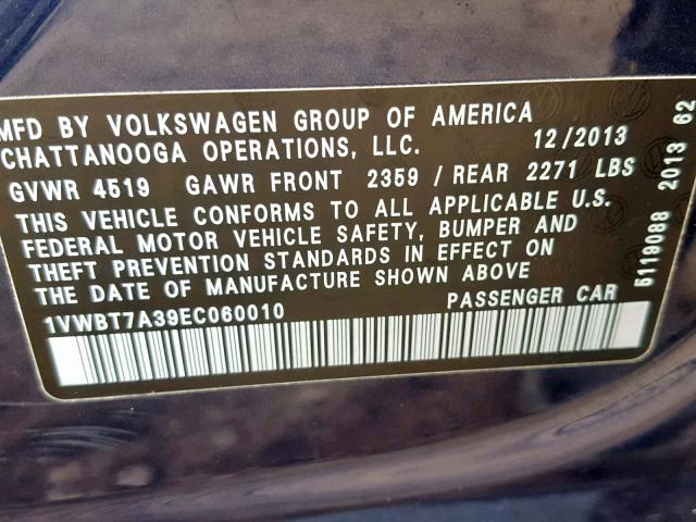 1VWBT7A39EC060010 - 2014 VOLKSWAGEN PASSAT SE BLUE photo 10