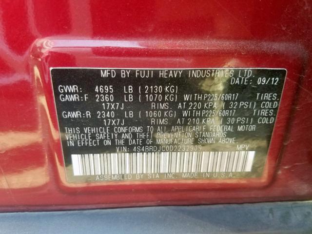 4S4BRDJC0D2232909 - 2013 SUBARU OUTBACK 3. RED photo 10