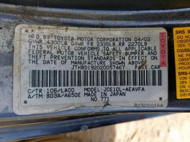 JTHBD192020057467 - 2002 LEXUS IS 300 GRAY photo 10