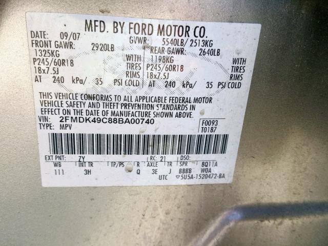 2FMDK49C88BA00740 - 2008 FORD EDGE LIMIT SILVER photo 10