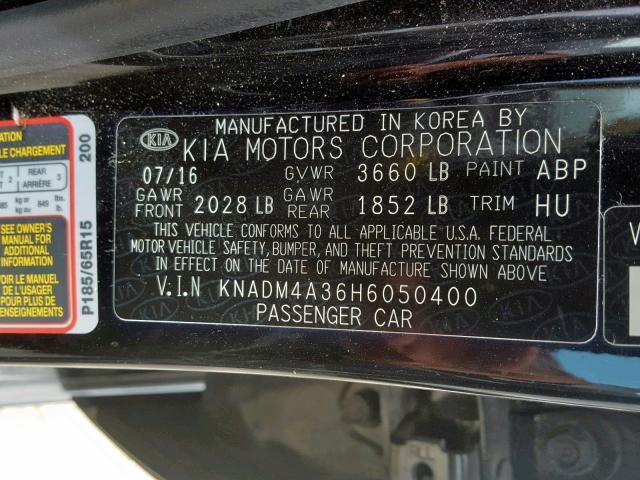 KNADM4A36H6050400 - 2017 KIA RIO LX BLACK photo 10