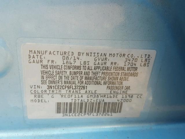 3N1CE2CP9FL372261 - 2015 NISSAN VERSA NOTE BLUE photo 10