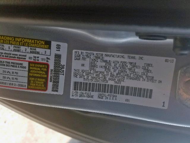 5TFEY5F12DX139538 - 2013 TOYOTA TUNDRA GRAY photo 10