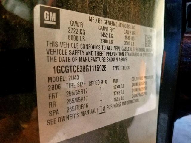 1GCGTCE38G1115928 - 2016 CHEVROLET COLORADO L BLACK photo 10