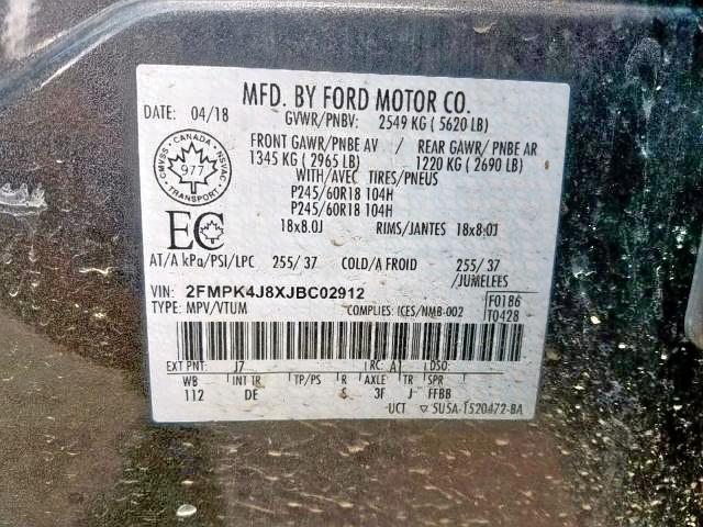 2FMPK4J8XJBC02912 - 2018 FORD EDGE SEL GRAY photo 9