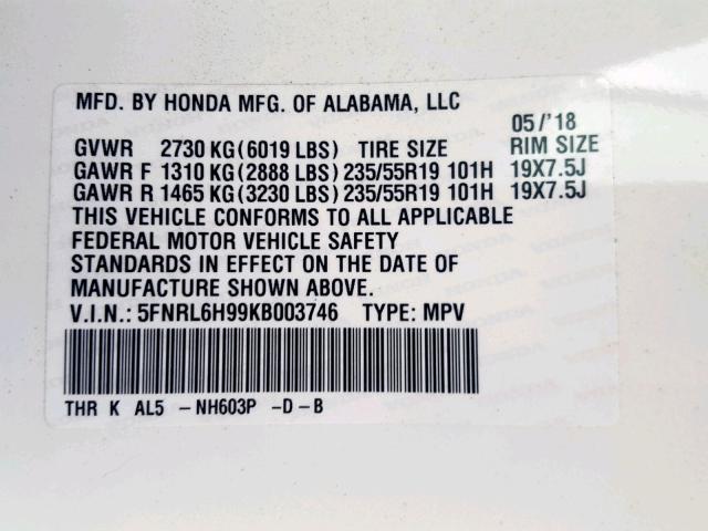 5FNRL6H99KB003746 - 2019 HONDA ODYSSEY EL WHITE photo 10