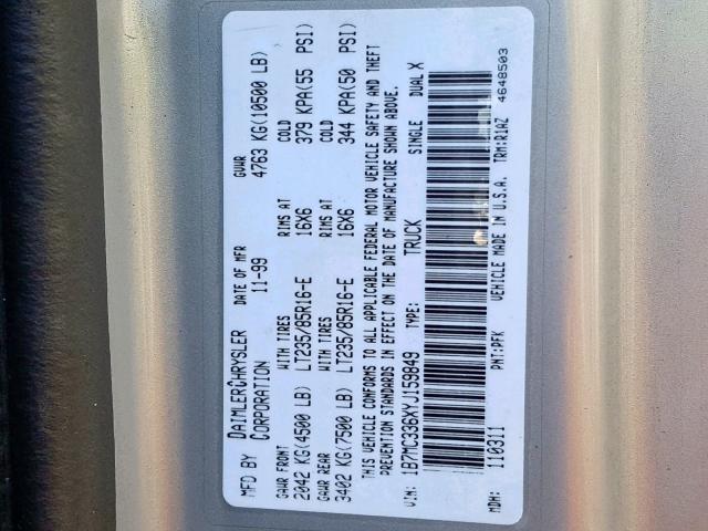 1B7MC336XYJ159849 - 2000 DODGE RAM 3500 SILVER photo 10