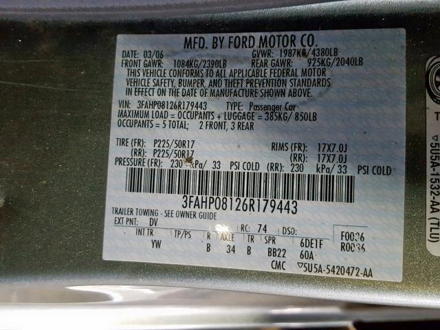 3FAHP08126R179443 - 2006 FORD FUSION SEL SILVER photo 10