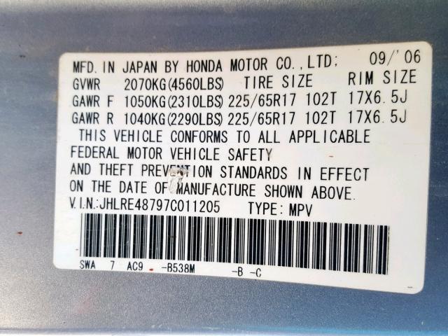 JHLRE48797C011205 - 2007 HONDA CR-V EXL BLUE photo 10